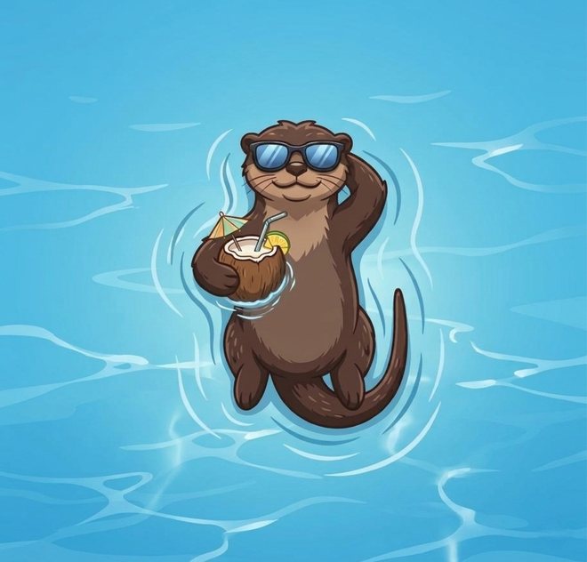 Otto, the Relax.Business otter, floating peacefully on calm water in sunglasses with a tropical drink.